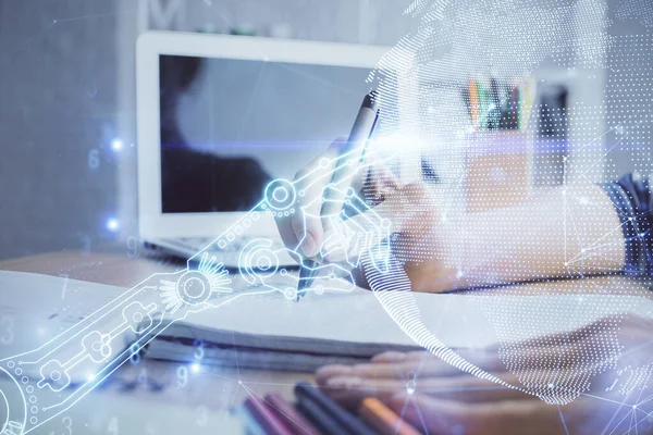 Holograma de tema técnico sobre las manos de las mujeres tomando notas de fondo. Concepto de alta tecnología. Doble exposición —  Fotos de Stock