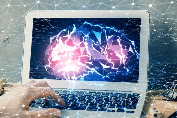 Hombre de negocios con antecedentes informáticos con holograma de tema cerebral. Concepto de tormenta de ideas. Exposición múltiple. —  Fotos de Stock
