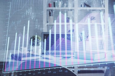 Finansal grafik çizimine ve ofis içi arka planına çifte maruz kalma. Borsa konsepti.