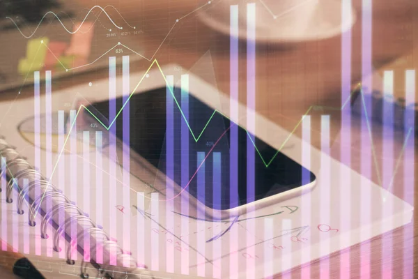 Double exposure of forex chart drawing and cell phone background. Concept of financial data analysis — Stock Photo, Image