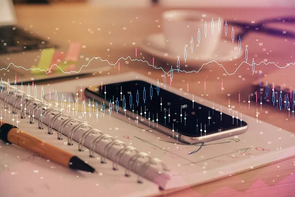 Forex 차트그리기와 휴대 전화 배경의 두 번 노출. 금융 거래의 개념 — 스톡 사진