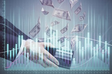 Finansal grafiğe çoklu pozlama hologram, Amerikan dolarları ve insan eli. Analiz kavramı.