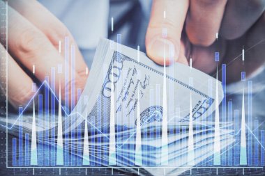 Forx grafiği, hologram, Amerikan dolarları ve insan eli çizimleri. Teknik Analiz kavramı.