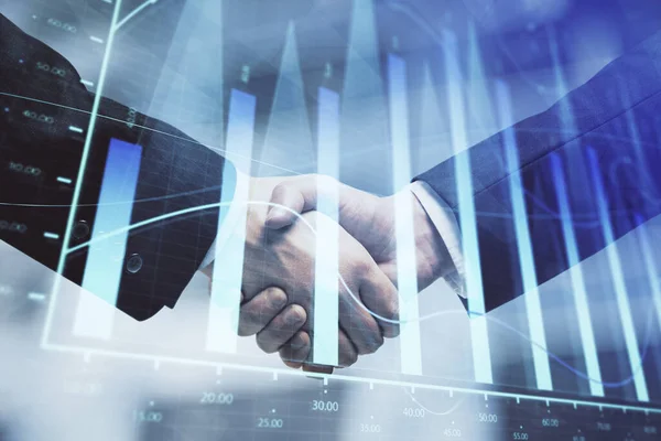 Double exposure of forex graph hologram and handshake of two men. Stock market concept. — Stock Photo, Image