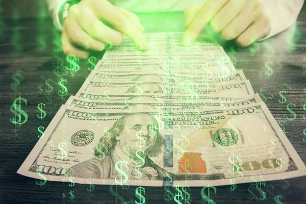 Multi exposição de gráfico forex desenho holograma e dólares dos EUA contas e mãos de homem. Conceito de análise técnica . — Fotografia de Stock