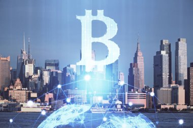Kripto para birimi temalı hologram çizimi ve şehrin veiw arka planına çift pozlama. Engelleme zinciri ve bitcoin kavramı.