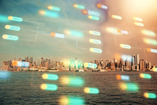 Data Tema Hologram Ritning Stadsbilden Med Skyskrapor Bakgrund Dubbel Exponering — Stockfoto
