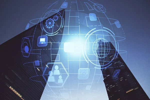 Sosyal ağ tema çizimi ve şehir manzarası arka planının çoklu pozlandırılması. Bağlantı insanları kavramı.