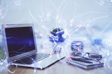 Masaüstü bilgisayar arkaplanı ve nöron çizimi. Çifte maruziyet. Eğitim kavramı.