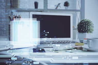 Masaüstü bilgisayar ve teknoloji temalı holograma çoklu maruz kalma. Yazılım geliştirme kavramı.