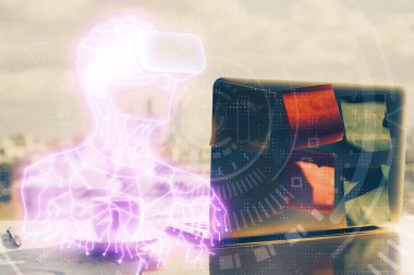 AR tema simgesi olan bilgisayar masaüstünde. Çoklu maruz kalma. Artırılmış gerçeklik kavramı.