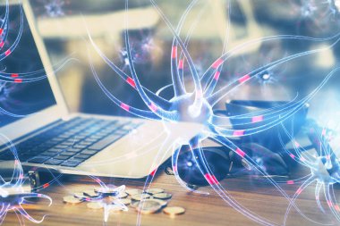 Masaüstü bilgisayar arkaplanı ve nöron çizimi. Çifte maruziyet. Eğitim kavramı.