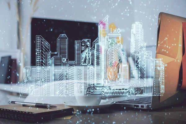 Fondo Escritorio Computadora Oficina Grandes Edificios Ciudad Holograma Dibujo Doble —  Fotos de Stock