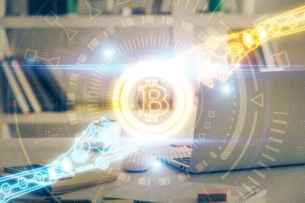 Blockchain Temalı Holograma Bilgisayar Arkaplanlı Masaya Çoklu Maruz Kalma Bitcoin — Stok fotoğraf