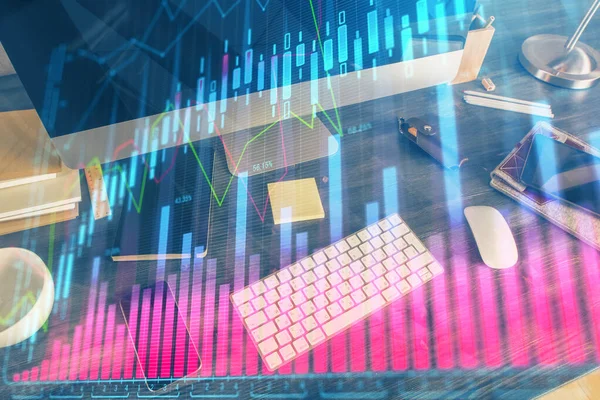 Multi exposure of chart and financial info and work space with computer background. Concept of international online trading.