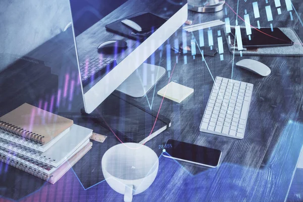 Double Exposure Graph Financial Info Work Space Computer Background Concept — Stock Photo, Image