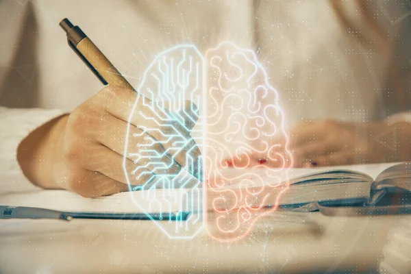 脳ホログラムで背景に女性の手書きの手の二重露出 ブレインストーミングの概念 — ストック写真