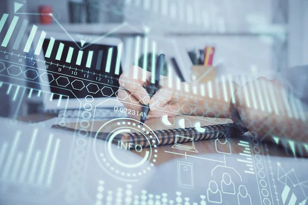 Holograma Tema Técnico Sobre Las Manos Mujer Tomando Notas Fondo — Foto de Stock