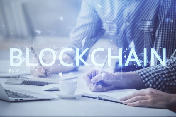 Blockchain Theme Hologram Man Working Computer Background Concept Crypto Chain — Stock Photo, Image