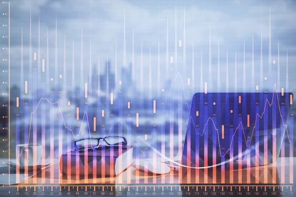 Double exposure of financial chart drawings and desk with open notebook background. Concept of forex market — Stock Photo, Image