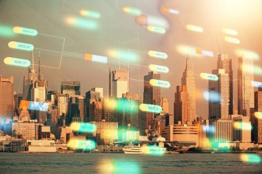 Veri temalı hologram gökdelenlerin arka planında çift pozlama ile şehir görünümüne çizim yapıyor. Teknoloji konsepti.