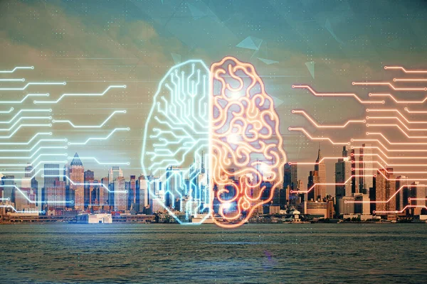 Gambar hologram otak pada latar belakang pemandangan kota multi eksposur. Ai dalam konsep kota modern. — Stok Foto