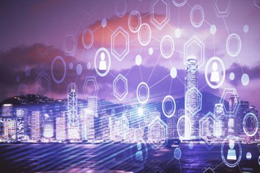 Sosyal ağ tema çizimi ve şehir manzarası arka planının çoklu pozlandırılması. Bağlantı insanları kavramı.