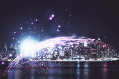 Sosyal ağ tema çizimi ve şehir manzarası arka planının çoklu pozlandırılması. Bağlantı insanları kavramı.