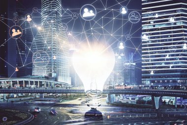 Sosyal ağ tema çizimi ve şehir manzarası arka planının çoklu pozlandırılması. Bağlantı insanları kavramı.