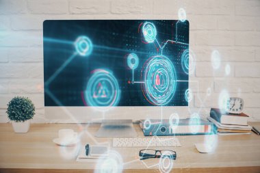 Arka planda bilgisayar ve veri temalı hologram tablosu çift pozlama. Veri teknolojisi kavramı.