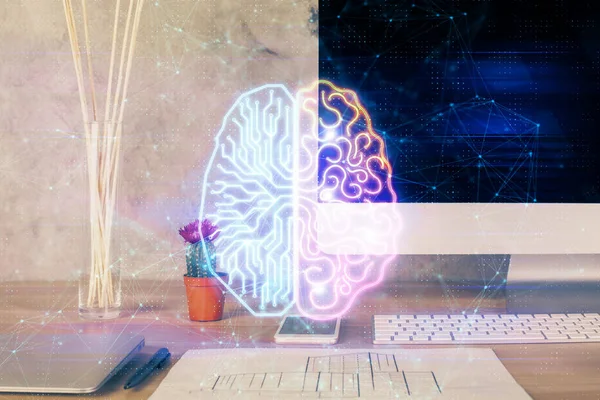 Διπλή έκθεση σε επιτραπέζιο υπολογιστή και ανθρώπινο εγκεφαλογράφημα. Έννοια Ai. — Φωτογραφία Αρχείου