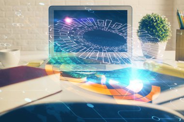 Kişisel bilgisayar ve teknik tema çizimi ile masaüstü çok açıkta. Büyük Veri Kavramı.