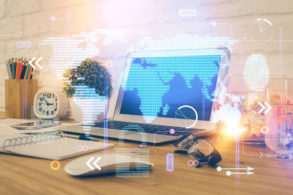 Double exposure of desktop with computer and world map hologram. International data network concept. — Stock Photo, Image