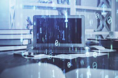 Teknoloji temalı çizim ve bilgisayarla çalışma alanı. Çifte maruziyet. Yenilik kavramı.