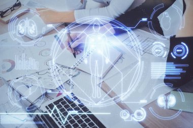 Eğitim temalı hologram, kadınların el yazısı üzerine. Öğrenim anlayışı. Çift pozlama