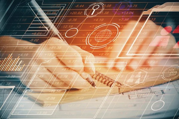 Doble exposición de la escritura manos en el fondo con holograma de solución de datos en el frente. Concepto tecnológico. De cerca. —  Fotos de Stock