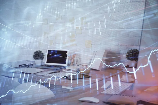 株式市場チャートのマルチ露出図面やオフィスインテリアの背景。金融分析の概念. — ストック写真