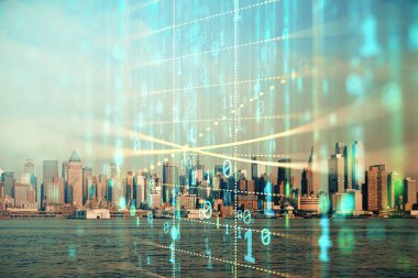 Veri temalı hologram gökdelenler arka planda çoklu pozlama ile şehir görünümüne çizim yapıyor. Büyük veri kavramı.