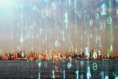 Veri temalı hologram gökdelenler arka planda çoklu pozlama ile şehir görünümüne çizim yapıyor. Büyük veri kavramı.