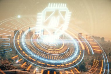 Veri temalı hologram gökdelenler arka planda çoklu pozlama ile şehir görünümüne çizim yapıyor. Büyük veri kavramı.