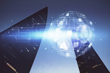 Sosyal ağ tema çizimi ve şehir manzarası arka planının çoklu pozlandırılması. Bağlantı insanları kavramı.