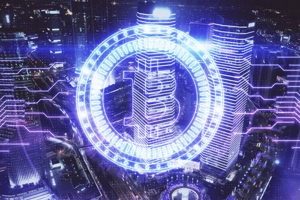 Multi exposition de thème crypto-monnaie hologramme dessin et fond veiw ville. Concept de blockchain et Bitcoin. — Photo