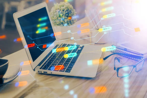 Double exposure of table with computer on background and data theme drawing. Concept of innovation. — Stock Photo, Image
