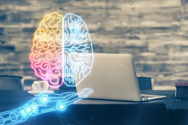 Doble exposición de la computadora de escritorio y el cerebro humano dibujo holograma. Concepto Ai . — Foto de Stock