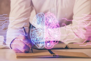 Çoklu pozlama beyin teması simgelerine sahip bir adam.