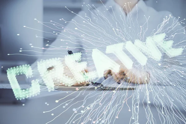 Beginnen Sie mit dem kreativen Zeichnen über hautnahe Hand auf Hintergrund. Konzept des Brainstormings. Mehrfachbelichtung — Stockfoto