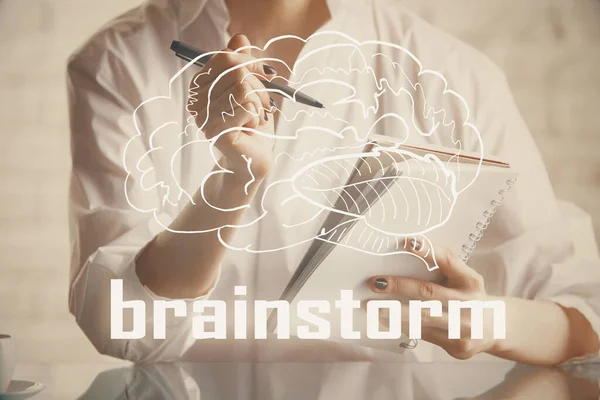 Start up creative drawing over close up hands on background. Concept of brainstorming. Multi exposure — Stock Photo, Image