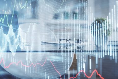 Finansal grafik çizimine ve ofis içi arka planına çifte maruz kalma. Borsa konsepti.