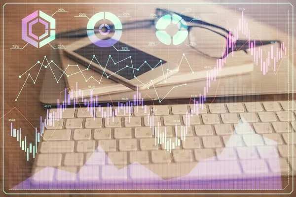 Doble exposición del dibujo gráfico de divisas y el fondo del teléfono celular. Concepto de negociación financiera — Foto de Stock