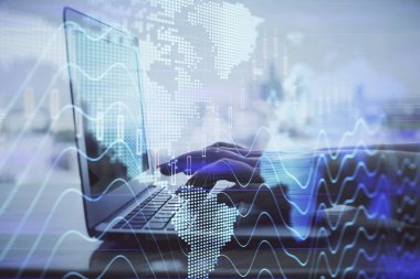 Bilgisayarda ve ön x grafik hologram çiziminde kadın eli yazarken çift pozlama. Borsa analizi kavramı.